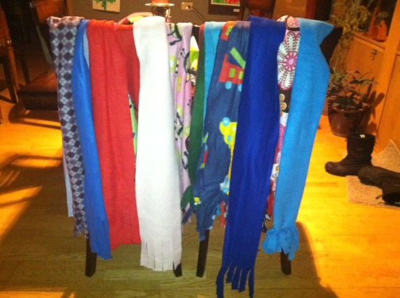 Scarves made for some students in South Dakota by the Smith family. 